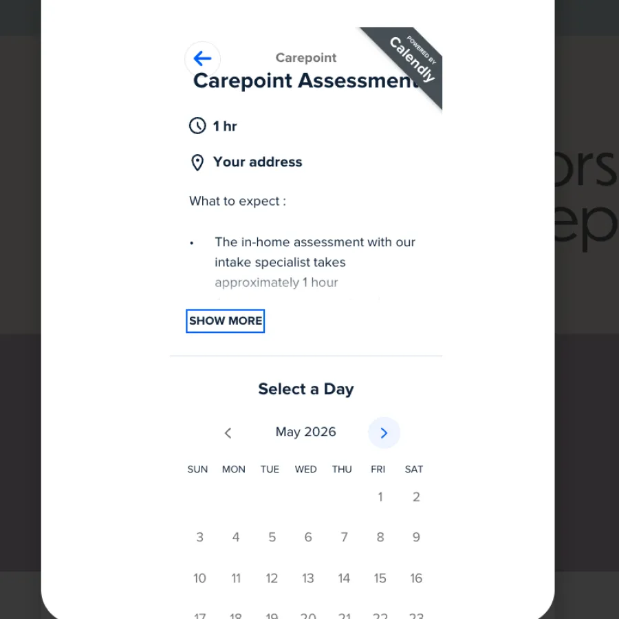 Online scheduling interface for Carepoint assessment booking with calendar selection for May 2026 dates.