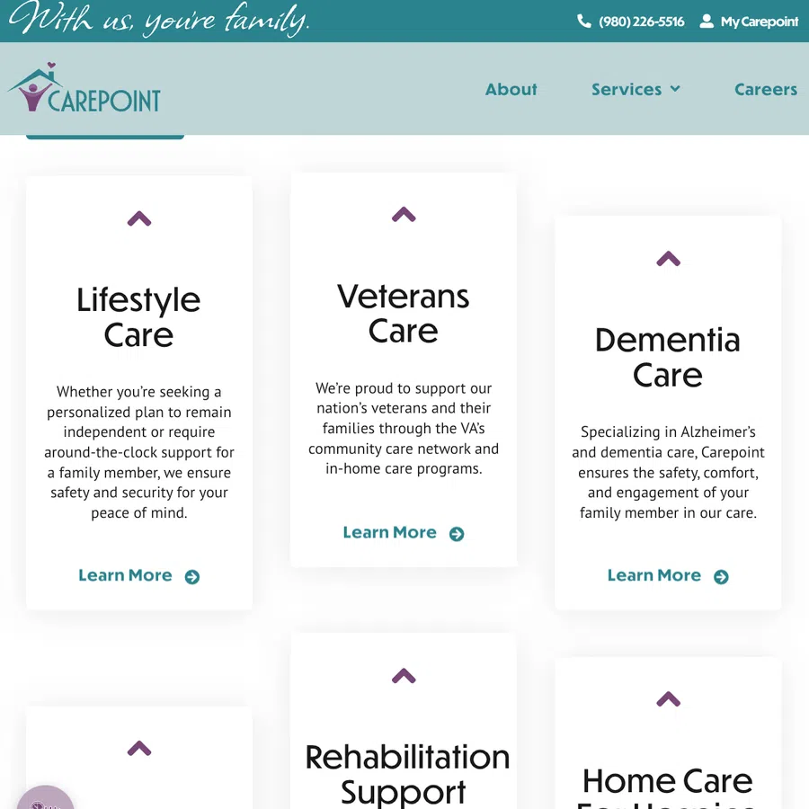 Carepoint offers personalized lifestyle, veterans, dementia, respite, rehabilitation, and hospice home care services.