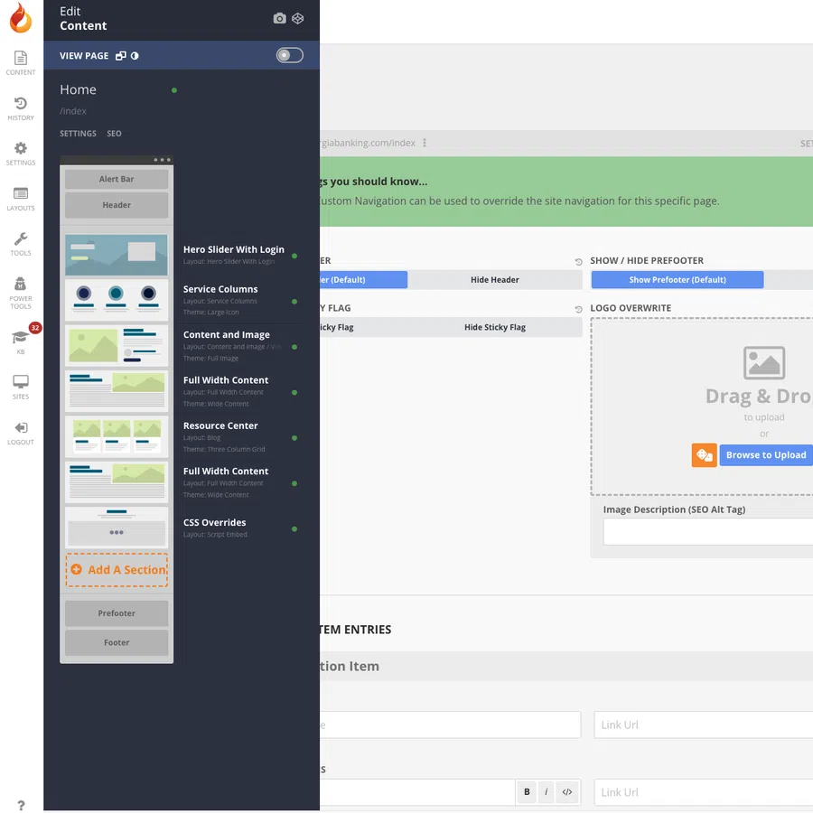 Website content editor interface showing layout options and drag-and-drop logo upload area with SEO settings.