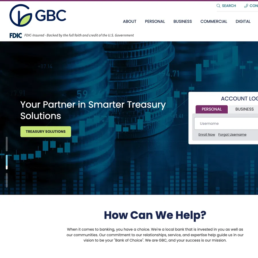 GBC bank homepage with login panel, stacked coins, and financial graph background promoting treasury solutions.