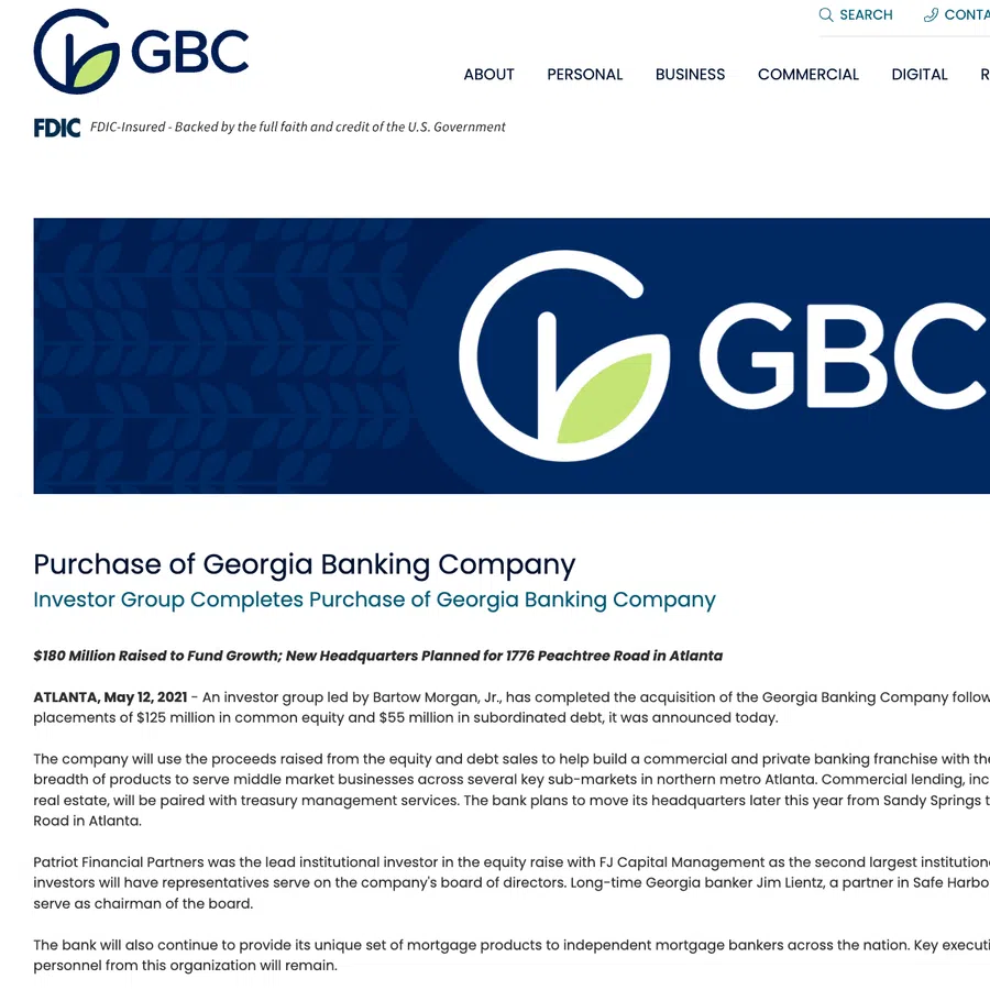 Georgia Banking Company logo with stylized leaf and letter G on blue background