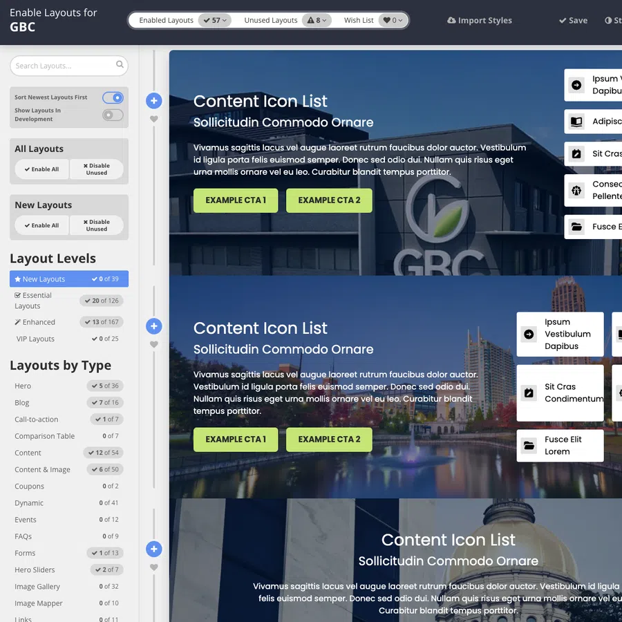 Web design layout interface showing content icon lists with example call-to-action buttons and cityscape backgrounds.