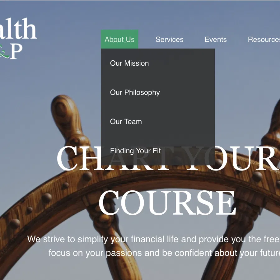 Wealth E&P website with navigation bar over a ship steering wheel symbolizing financial guidance and course setting.