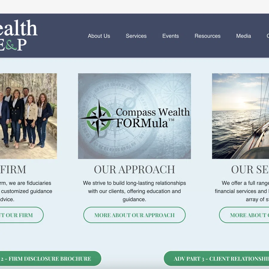 Wealth E&P website homepage showing firm team, Compass Wealth FORMulA approach, and investment services with calls to action.