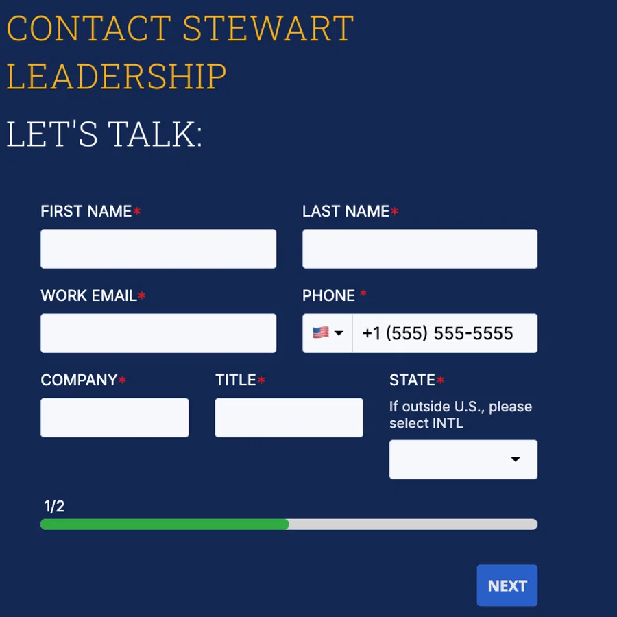 Contact form for Stewart Leadership with fields for name, email, phone, company, title, and state on a blue background.