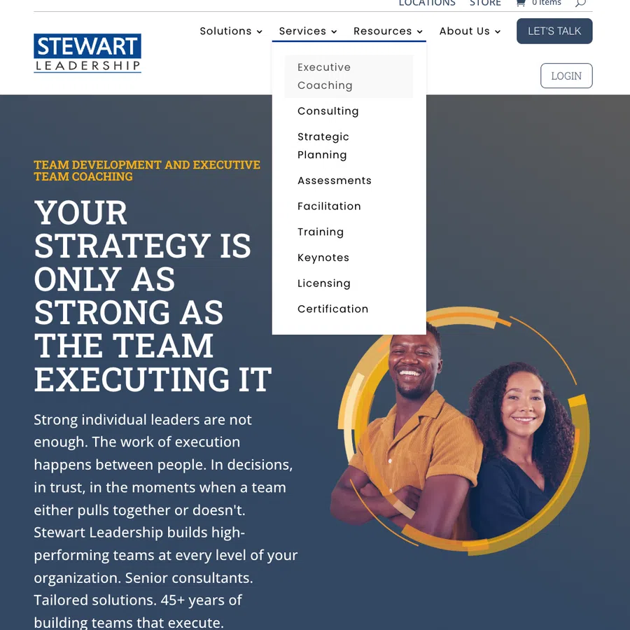 Smiling diverse business team standing back to back with text about team execution and leadership strategy.
