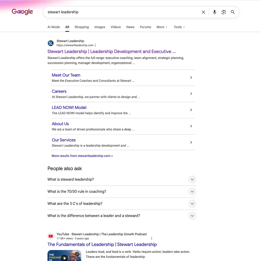 Google search results for Stewart Leadership showing website links and related questions about leadership coaching.