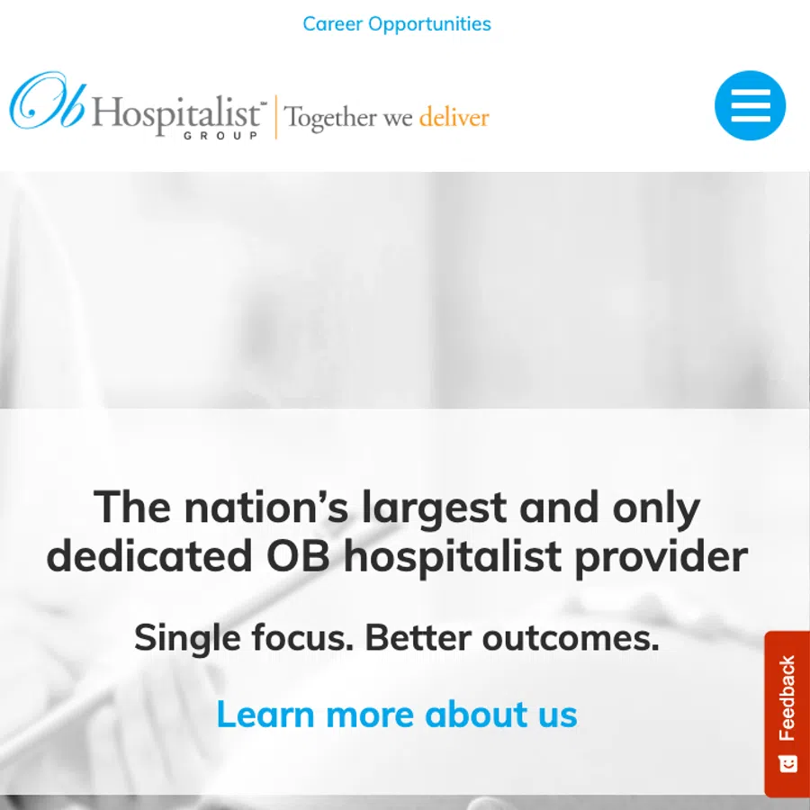 OB Hospitalist Group ad showing pregnant woman's belly and text about maternal care and hospital leadership.