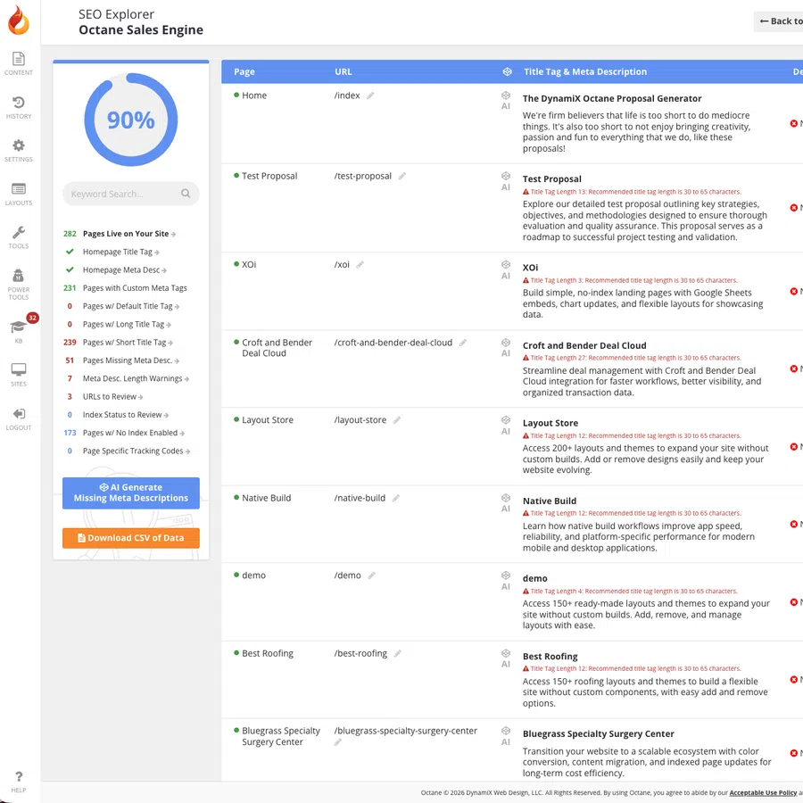 Dashboard view of Octane Sales Engine SEO explorer showing page performance scores and metadata details.