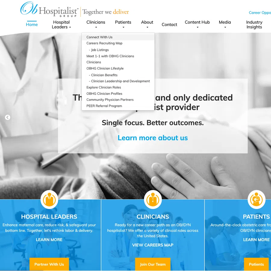 OB Hospitalist Group website homepage showing options for hospital leaders, clinicians, and patients with career and care info