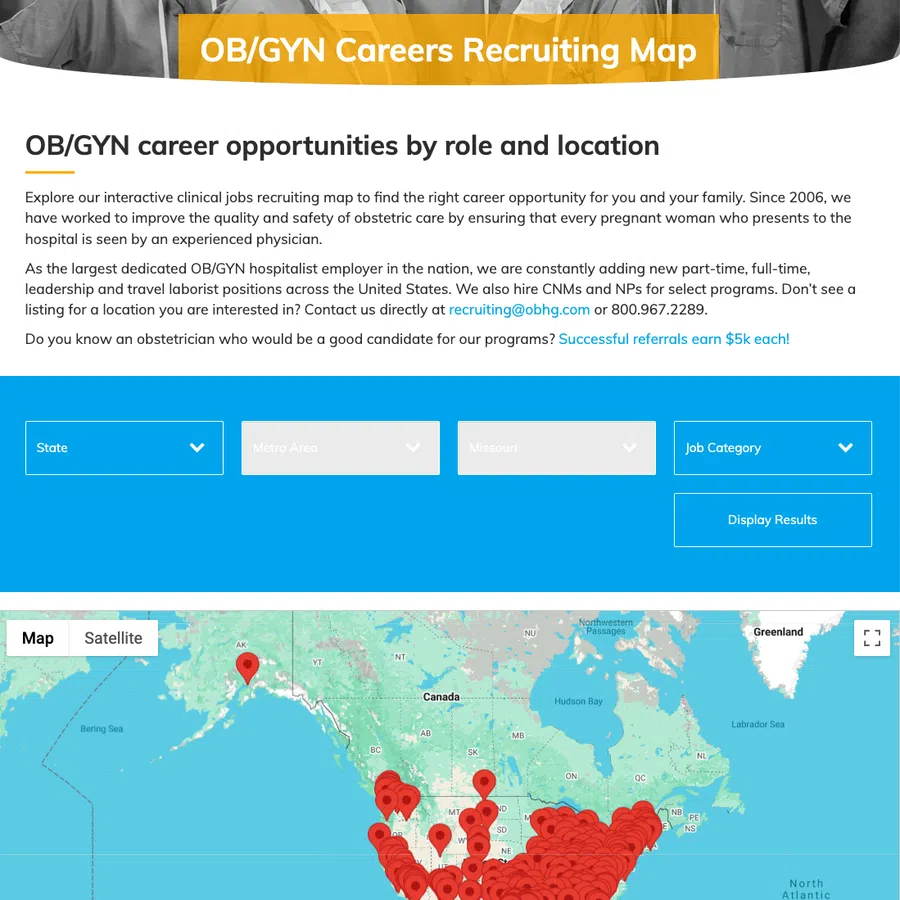 Interactive OB/GYN careers recruiting map showing job locations across the United States with filters for state and job category.