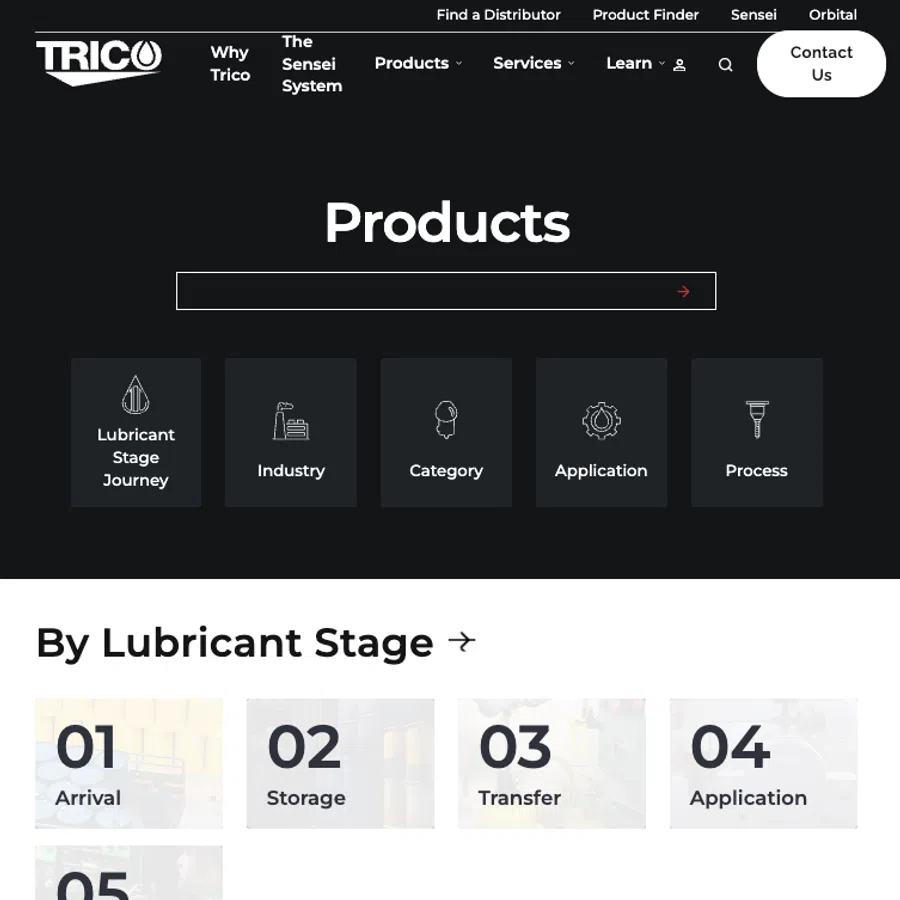 Trico Products page showing lubricant stages and industries with icons and labels for navigation.