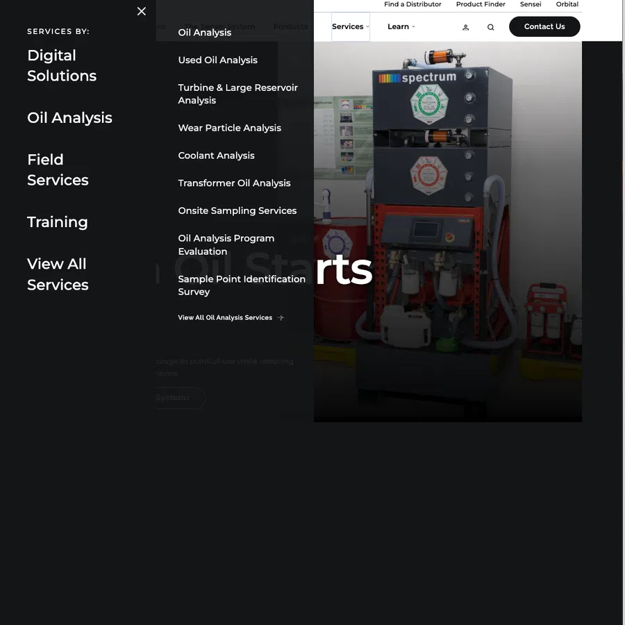 Oil analysis service menu with digital and field services and an image of oil testing equipment labeled Spectrum.