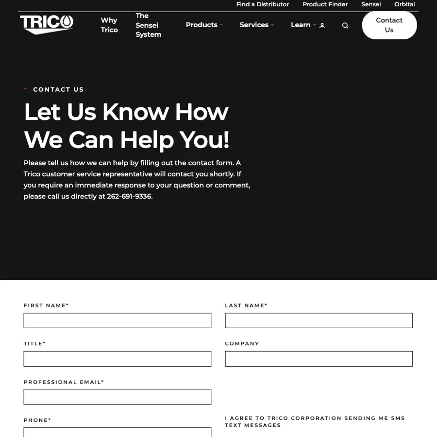 Contact form page for Trico with fields for name, email, phone, company, and comments on a dark background.
