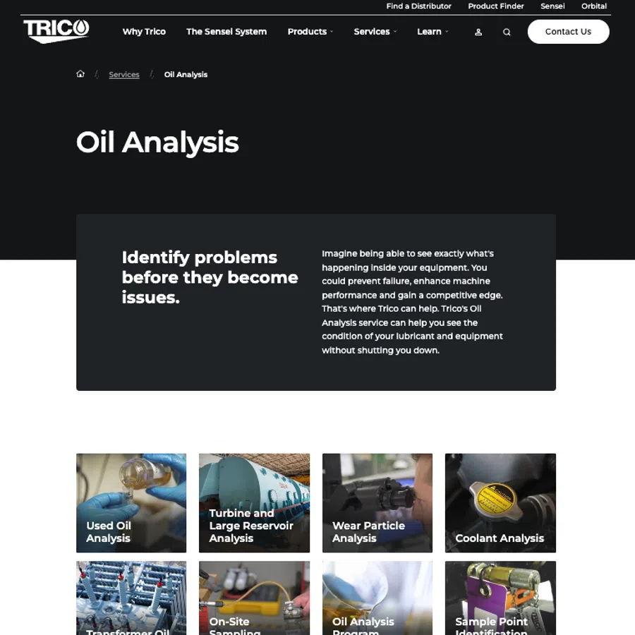 Trico Oil Analysis webpage highlighting services like used oil, turbine, wear particle, coolant, and transformer oil analysis.