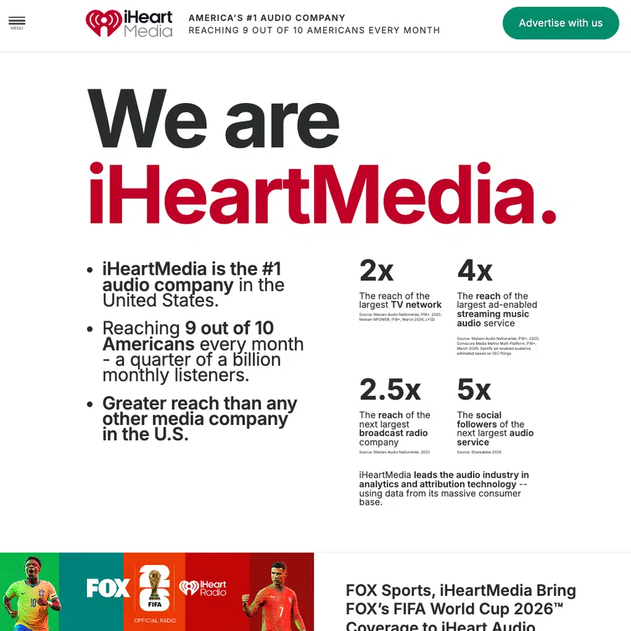 Website banner highlighting iHeartMedia as #1 US audio company and FIFA World Cup 2026 live match coverage partnership.
