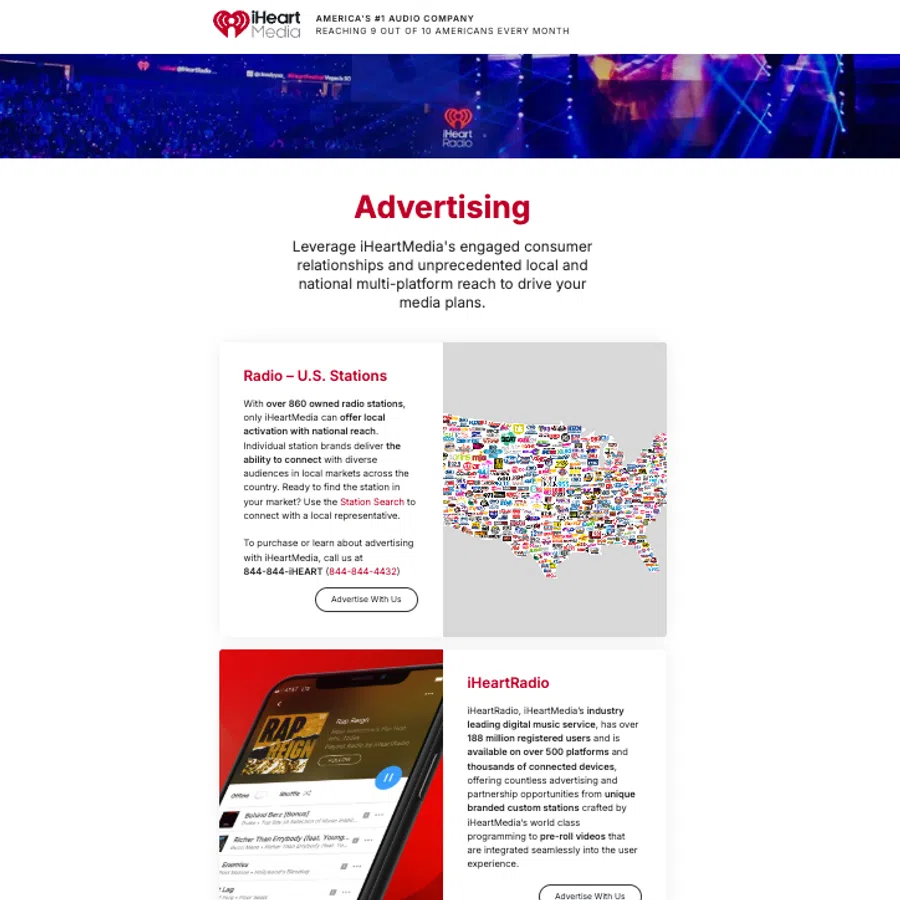 iHeartMedia advertising options featuring U.S. radio stations, iHeartRadio app, national campaigns, and digital media platforms.