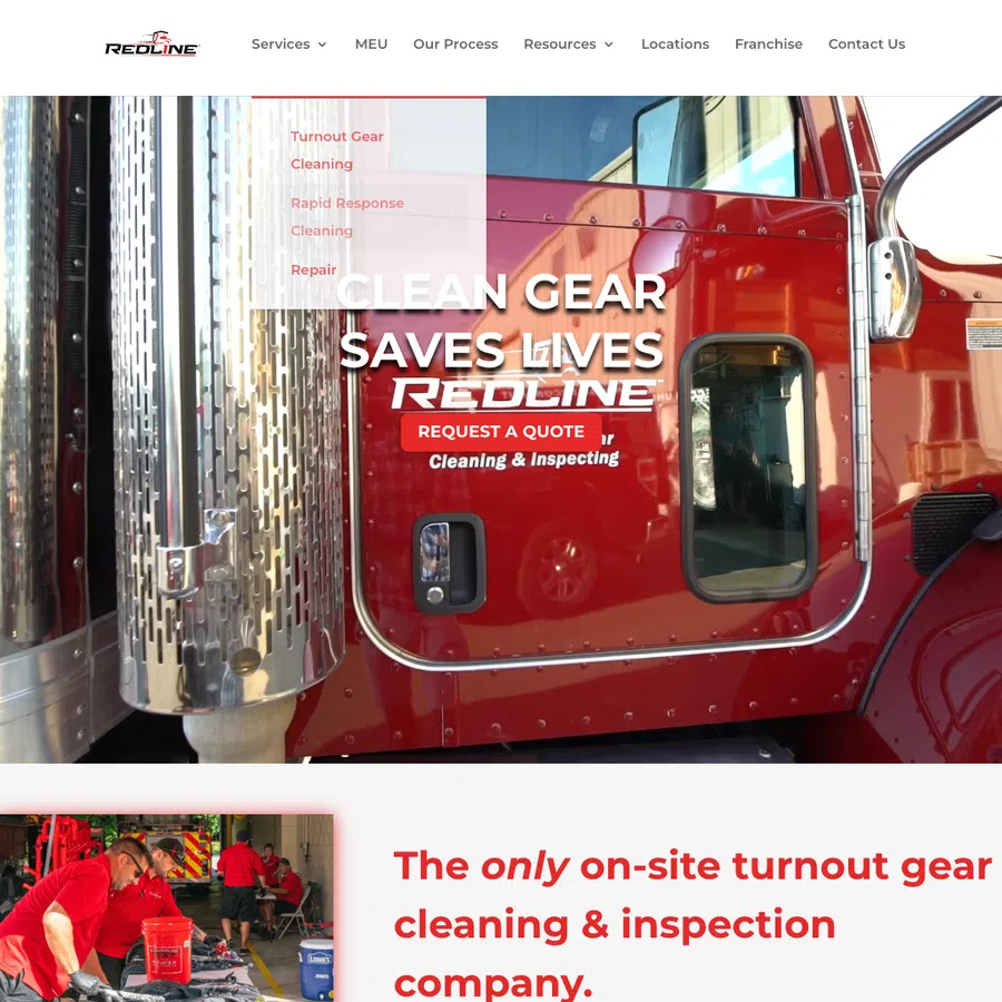 RedLine website hero image featuring a red truck and text about on-site turnout gear cleaning and inspection services.