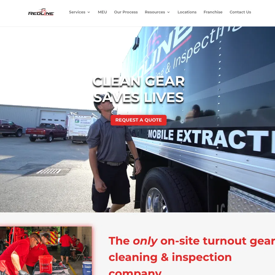 Worker inspecting RedLine Mobile Extraction truck promoting clean gear saves lives message.