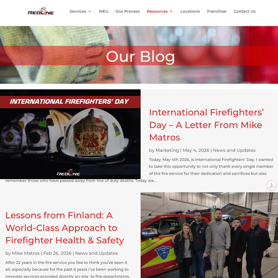 Blog page featuring firefighter helmets, articles on firefighter safety, and a group photo by a fire truck.