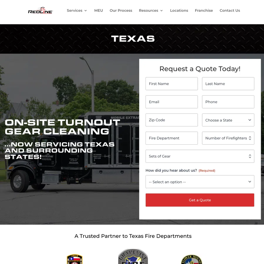 Mobile turnout gear cleaning unit parked outdoors with request quote form on Texas service page