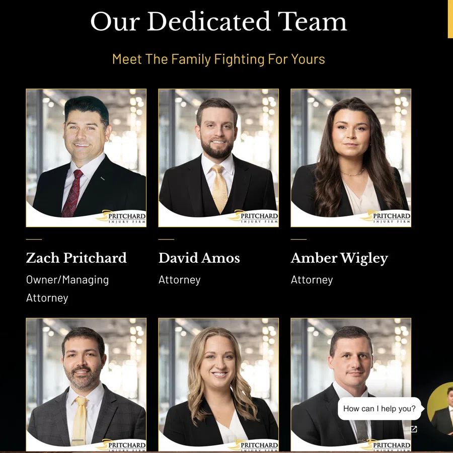 Professional headshots of six attorneys from Pritchard Injury Firm team with names and titles on black background.