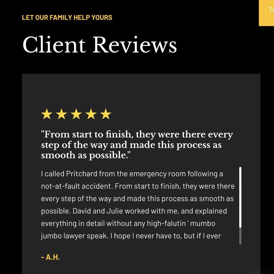 Screenshot of client reviews section with a five-star rating and detailed testimonial on a black background.