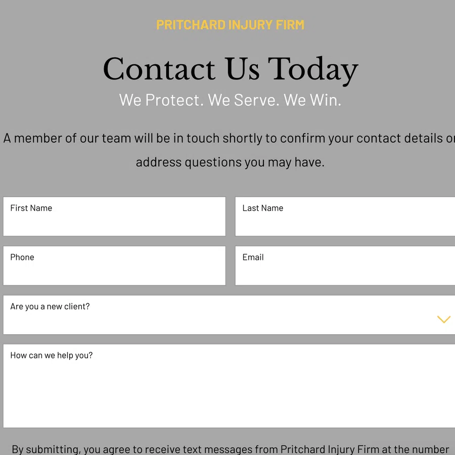 Contact form page for Pritchard Injury Firm with fields for name, phone, email, client status, and message on gray background.