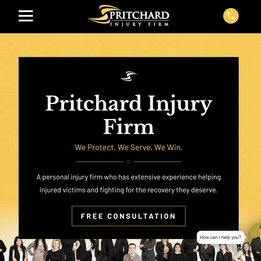 Homepage of Pritchard Injury Firm with firm name, slogan, and free consultation offer on black and yellow background.