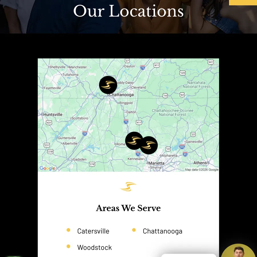 Map showing company locations in Chattanooga, Catersville, and Woodstock with a list of service areas below.