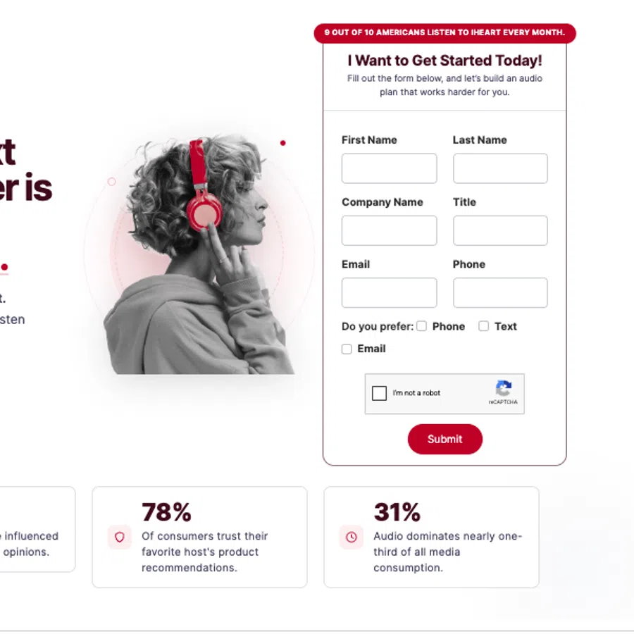 Marketing form with a woman wearing red headphones and stats about consumer listening habits and trust