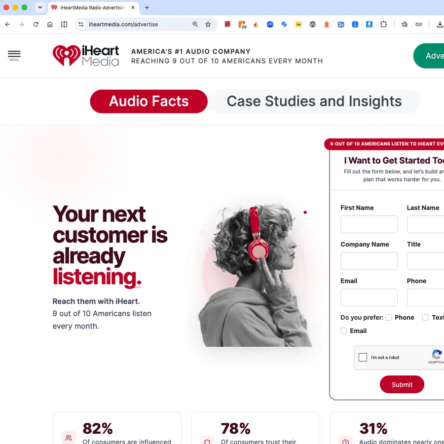 Woman wearing red headphones listening, promoting iHeartMedia's audio advertising reach to 9 out of 10 Americans.