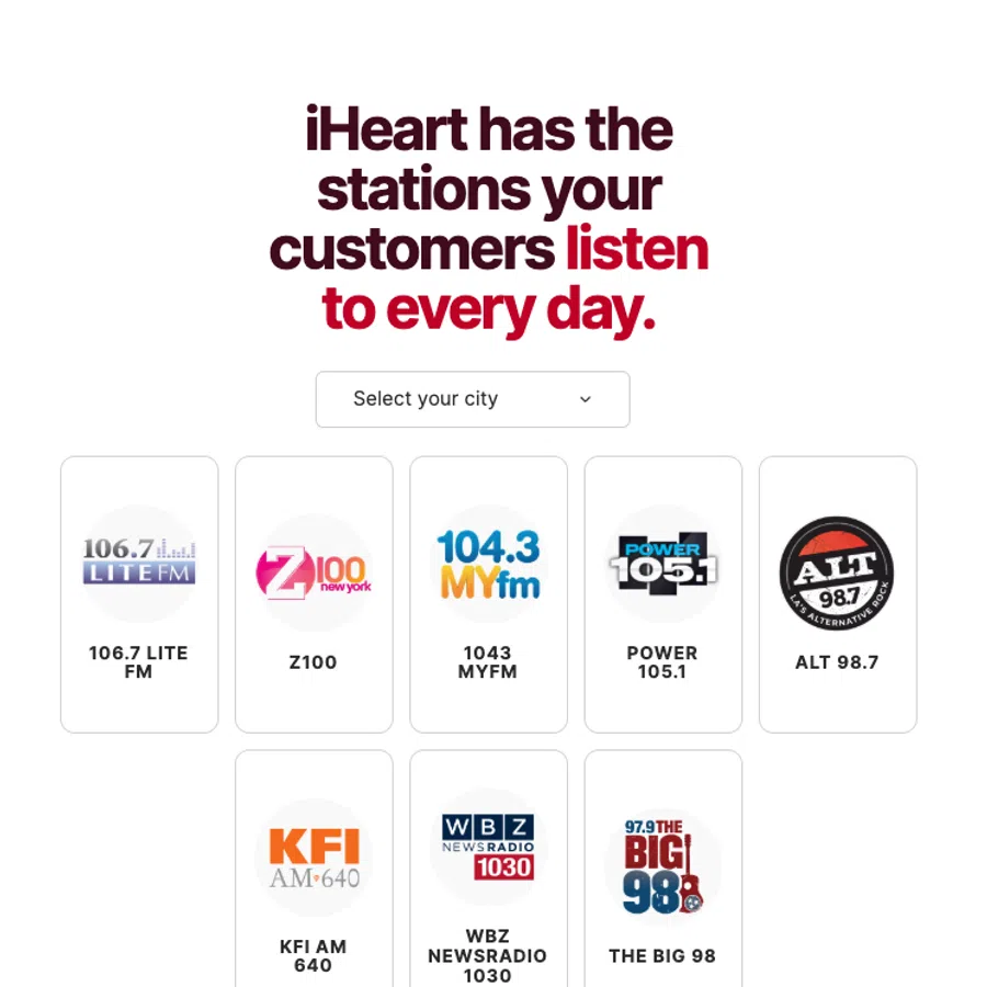 Radio station logos of iHeart including 106.7 LITE FM, Z100, 104.3 MYfm, POWER 105.1, ALT 98.7, and more.