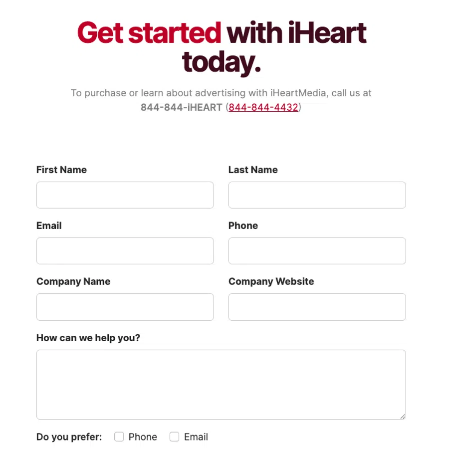 iHeartMedia contact form with fields for name, email, phone, company, website, message, and contact preferences.