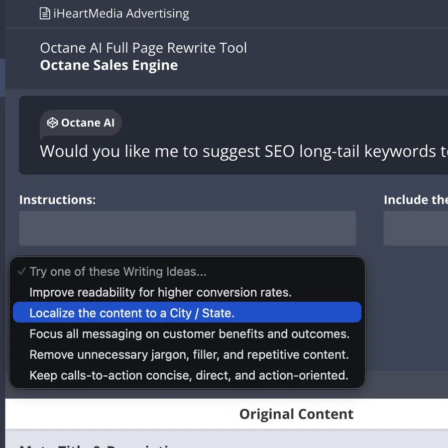 Screenshot of Octane AI tool interface showing SEO keyword suggestions and writing tips for content localization
