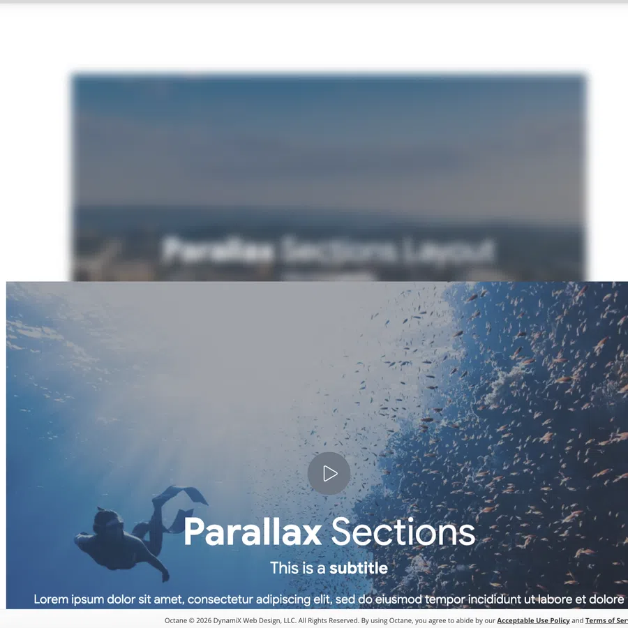 Underwater scene with a diver swimming among a school of fish and the text Parallax Sections overlayed.
