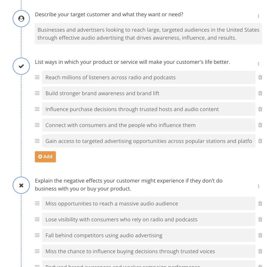 Screenshot of a business questionnaire outlining target customers, benefits, and negative effects of missing audio advertising opportunities.