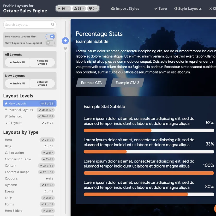 Dashboard interface showing percentage stats, progress bars, call-to-action buttons, and layout options for sales engine.