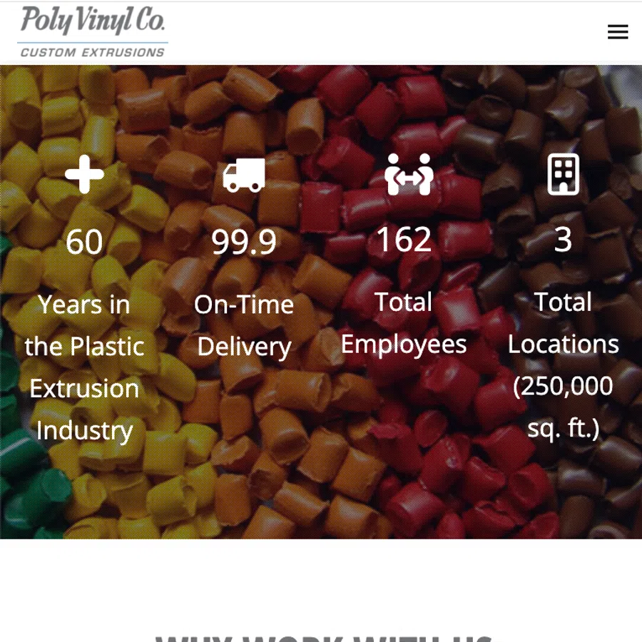 Colorful plastic pellets background with text highlighting 60 years, 99.9% on-time delivery, 162 employees, and 3 locations.