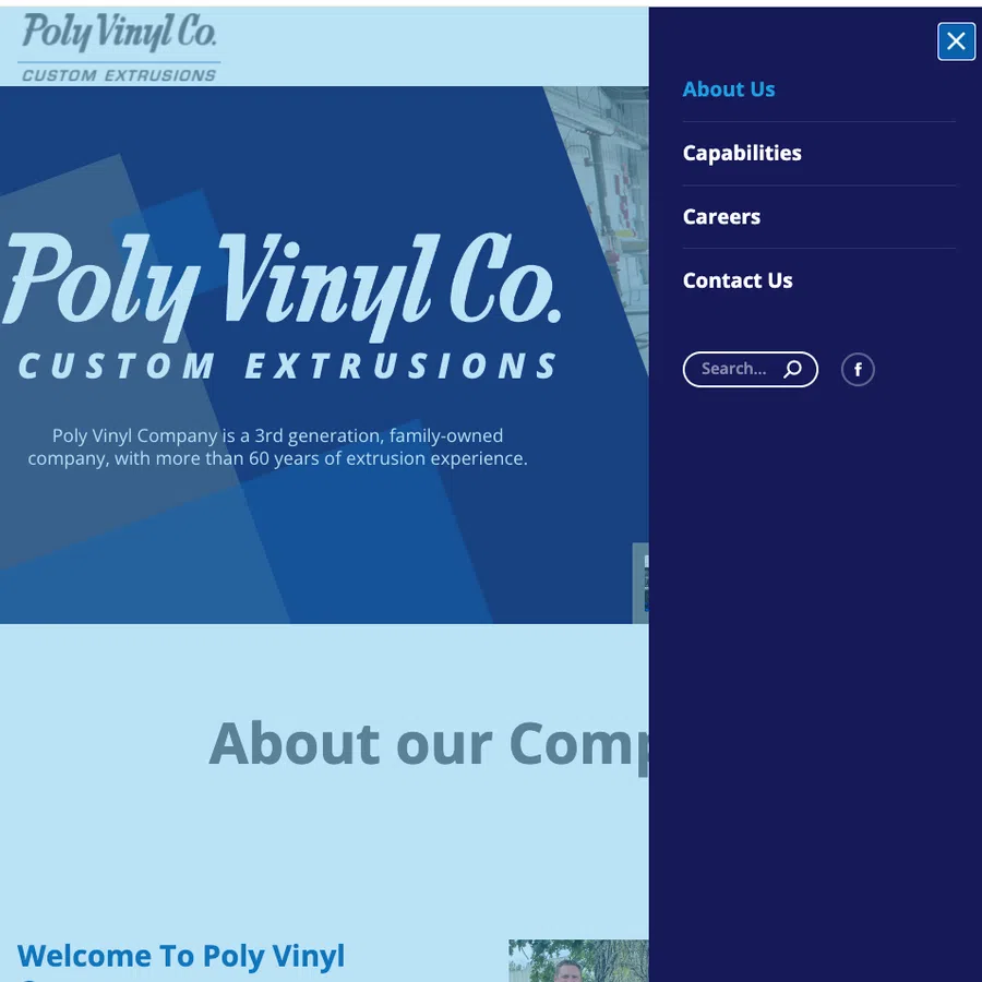 Poly Vinyl Co. logo highlighting custom extrusions and over 60 years of family-owned extrusion experience.
