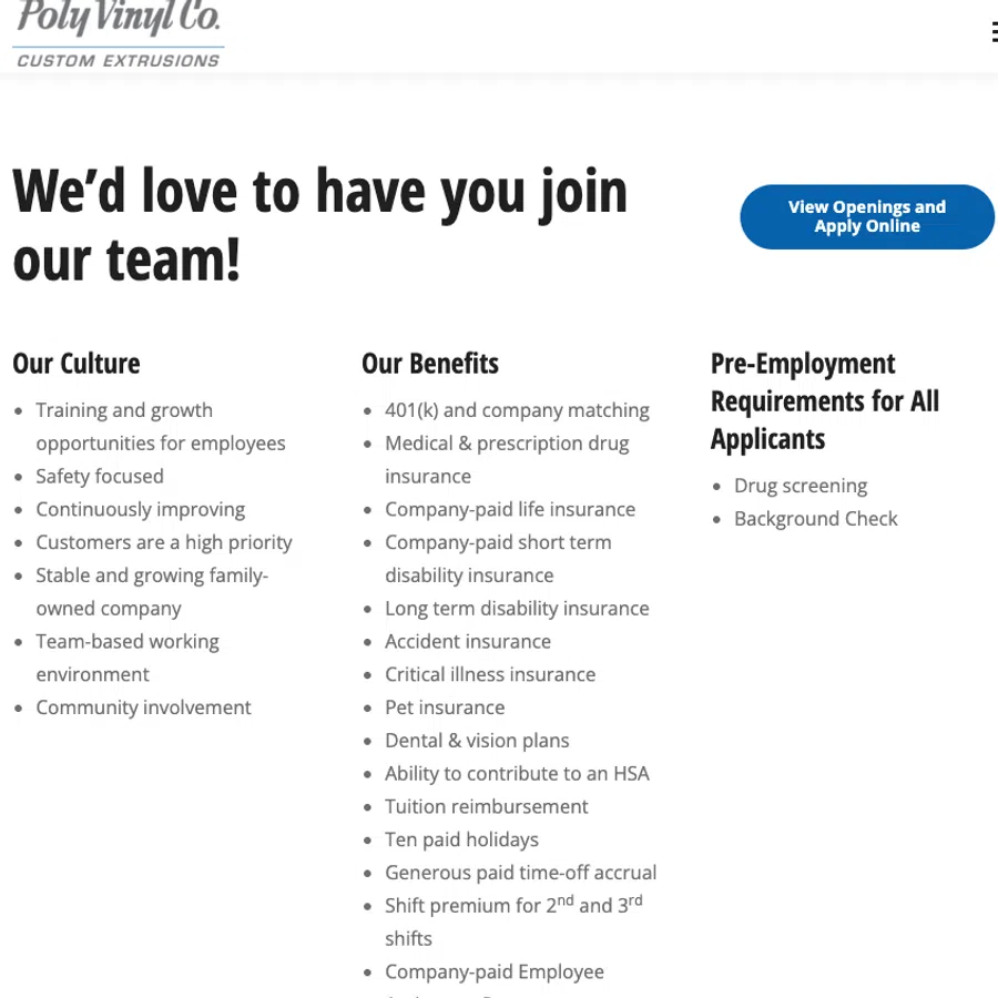 Poly Vinyl Co. careers page highlighting company culture, benefits, pre-employment requirements, and employee testimonials.