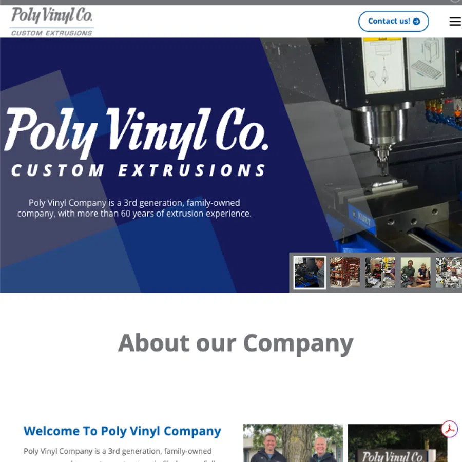 Poly Vinyl Co. homepage showing company info, extrusion machine, staff group photo, and custom plastic extrusion services.