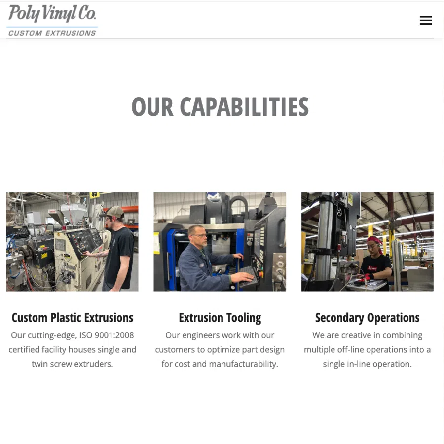 Three images showing custom plastic extrusion processes, extrusion tooling, and secondary operations by workers in a manufacturing facility.