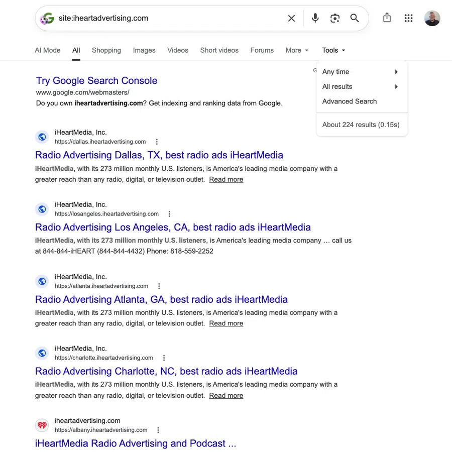 Google search results showing iHeartMedia radio advertising listings for various U.S. cities and podcast services.