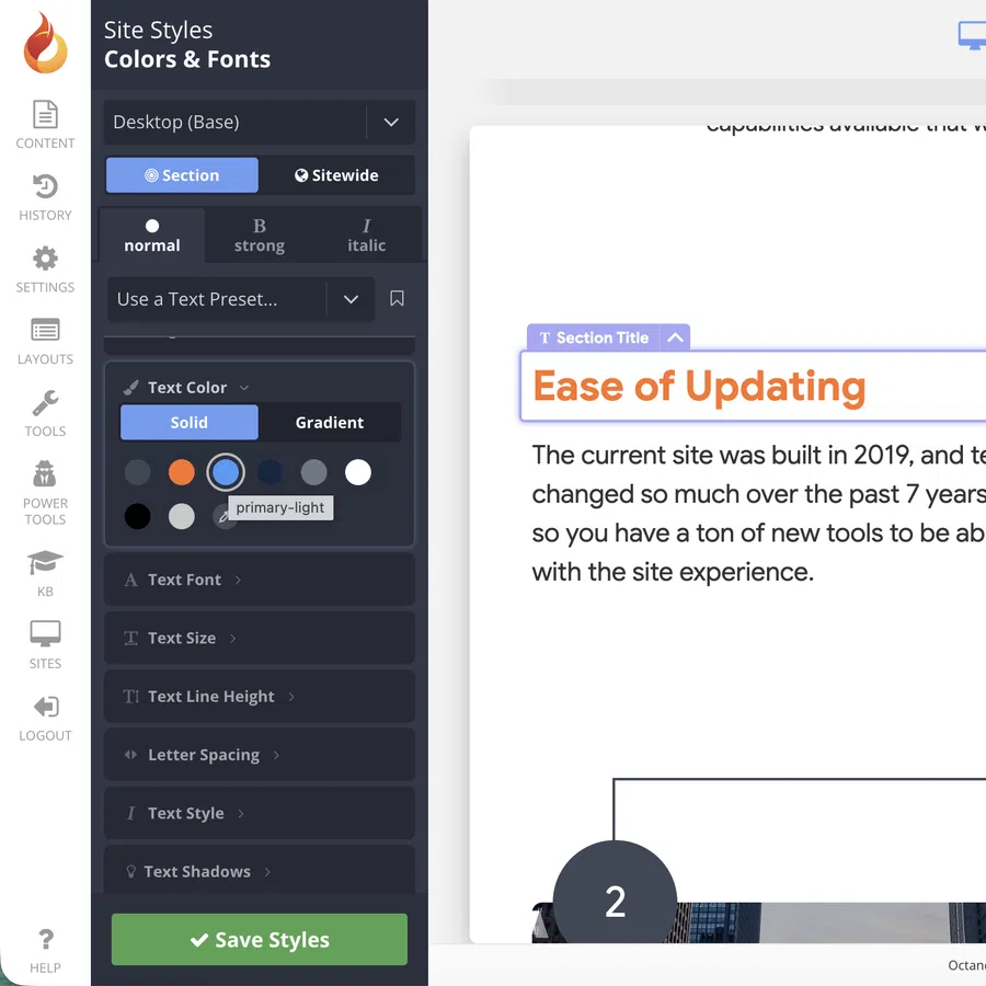 Website design interface showing text editing options and a section titled Ease of Updating with site content preview.