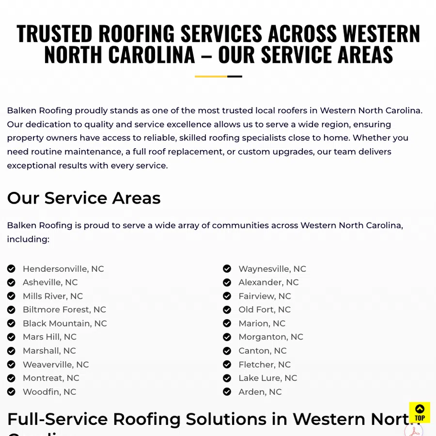 Page listing Balken Roofing's trusted service areas across multiple communities in Western North Carolina.