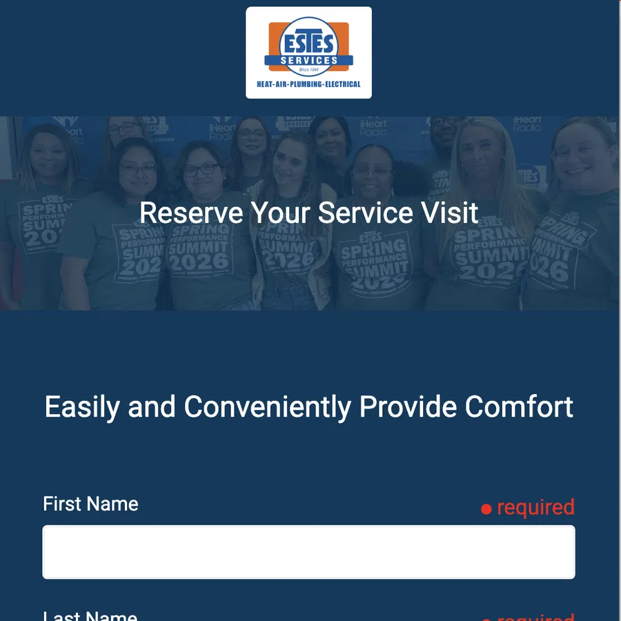 Online form to reserve service visits from Estes Services with fields for name, phone, and email on a blue background.