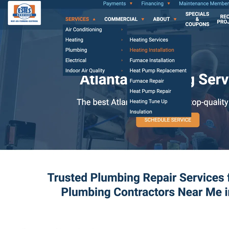 Website menu showing Estes Services logo and dropdown options for heating, plumbing, electrical, and air services.