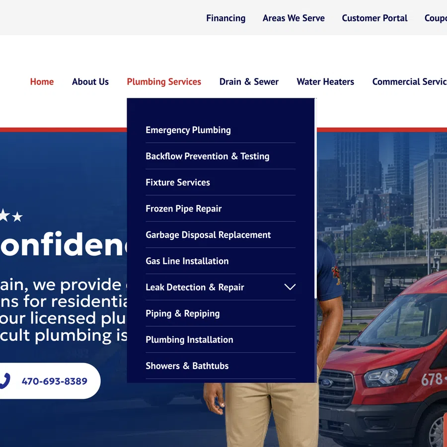Atlanta Plumbing & Drain website homepage with service menu, contact info, and branded plumbing van in city background