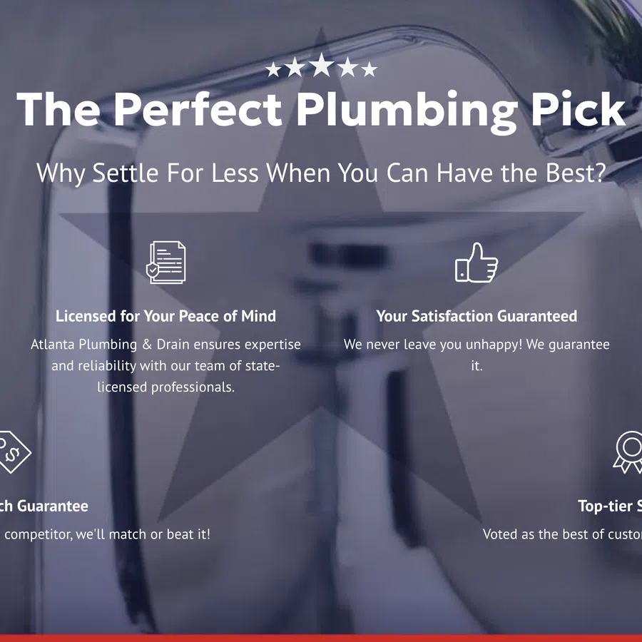 Plumbing service ad highlighting transparent pricing, licensed professionals, satisfaction guarantee, home protection, and top-tier service.